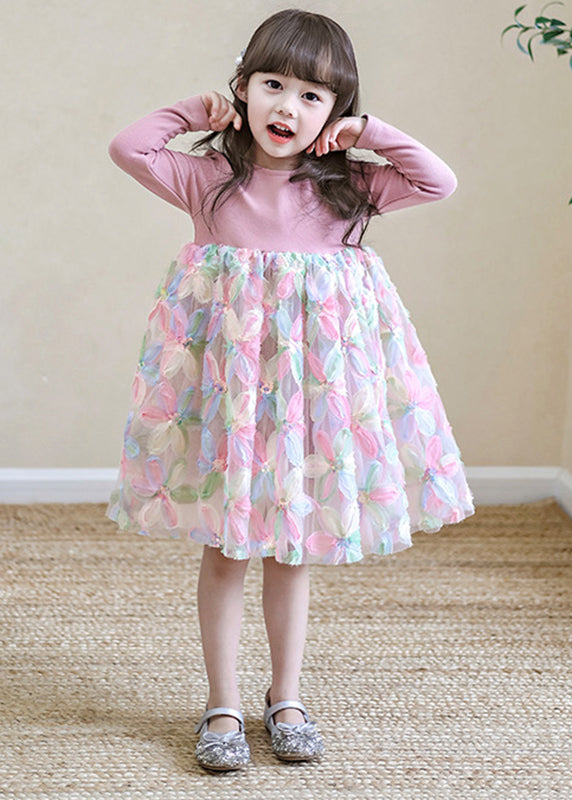 Pink O-neck Print Tulle Long Dresses Spring Tv033