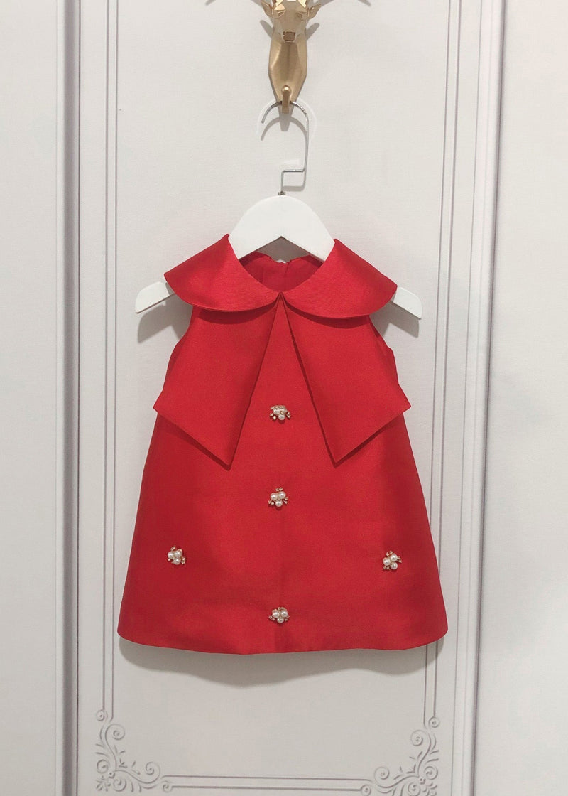 Pink Peter Pan Collar Bow Pearl Zircon Kids Maxi Dress Sleeveless Ys032