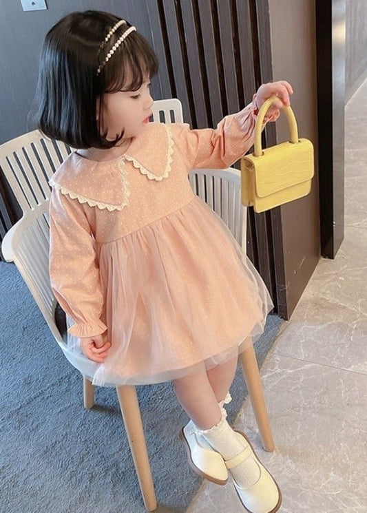 Pink Peter Pan Collar Dot Tulle Patchwork Kids Vacation Maxi Dresses Fall Ss1065