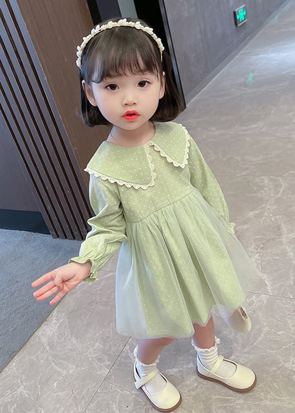 Pink Peter Pan Collar Dot Tulle Patchwork Kids Vacation Maxi Dresses Fall Ss1065