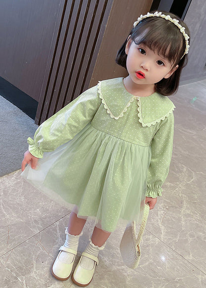Pink Peter Pan Collar Dot Tulle Patchwork Kids Vacation Maxi Dresses Fall Ss1065