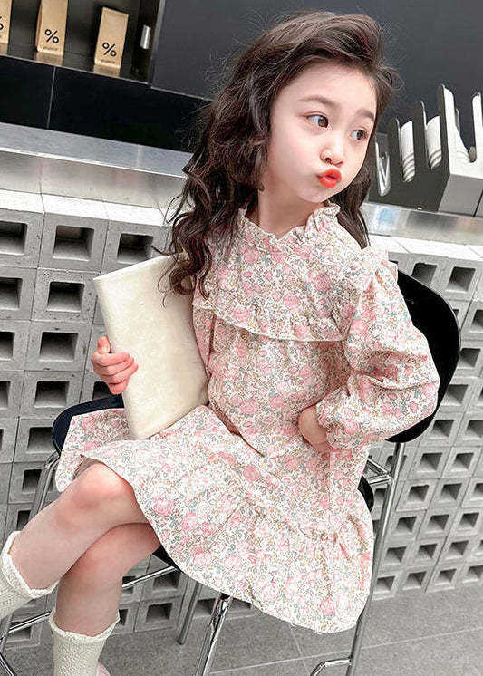Pink Ruffled Print Cotton Long Dress Fall Xz085