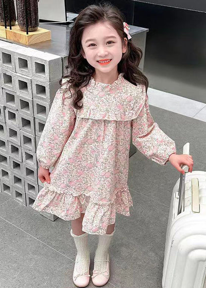 Pink Ruffled Print Cotton Long Dress Fall Xz085