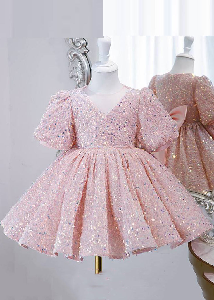 Pink Sequins Tulle Long Dress Lantern Sleeve Ys024