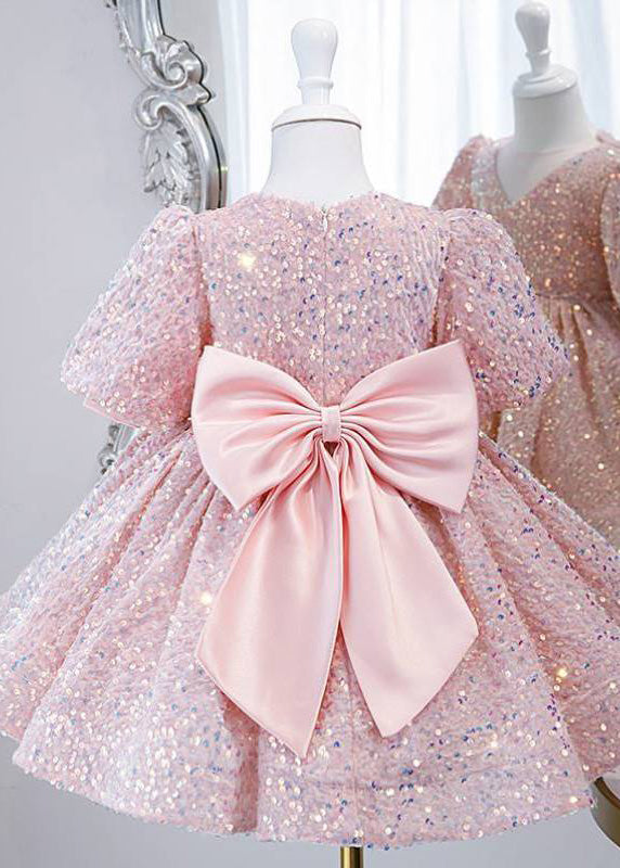 Pink Sequins Tulle Long Dress Lantern Sleeve Ys024
