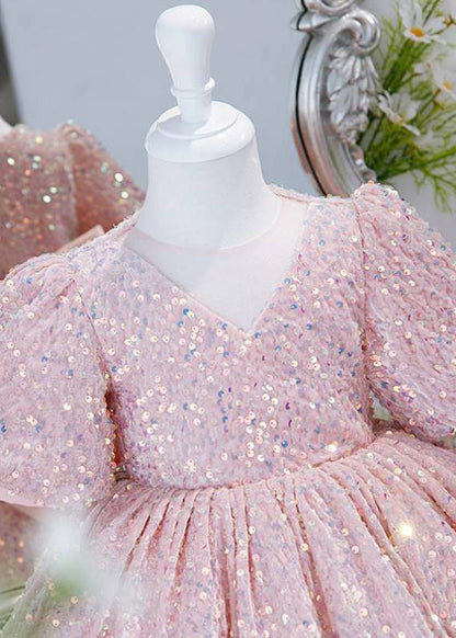 Pink Sequins Tulle Long Dress Lantern Sleeve Ys024