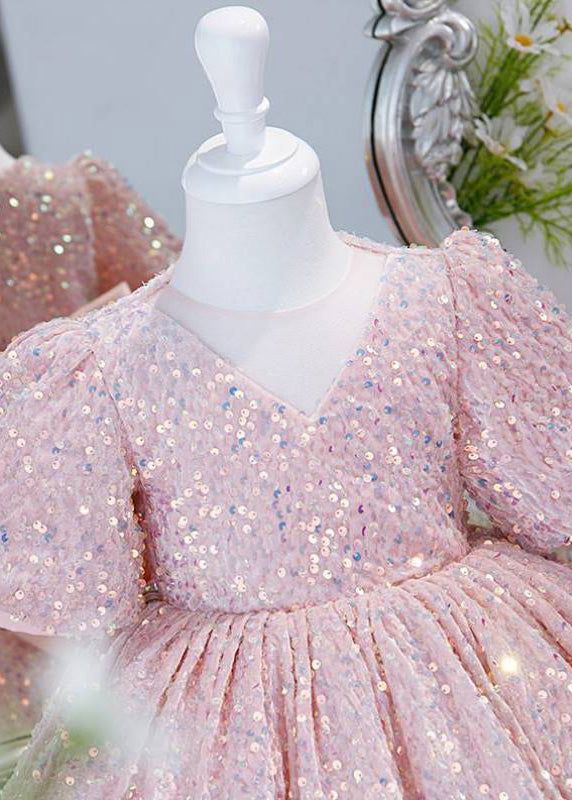 Pink Sequins Tulle Long Dress Lantern Sleeve Ys024