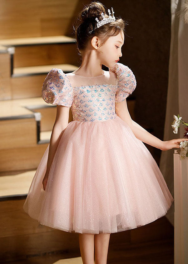 Pink Square Collar Patchwork Tulle Kids Long Dresses Short Sleeve Qv016