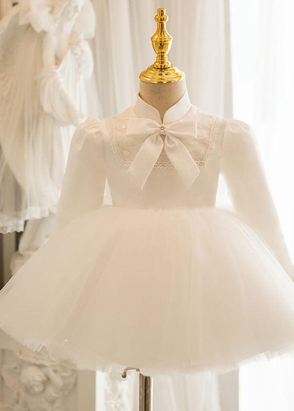 White Stand Collar Bow Tulle Kids Long Dresses Puff Sleeve Ys010