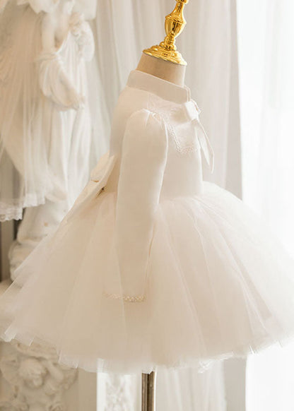 White Stand Collar Bow Tulle Kids Long Dresses Puff Sleeve Ys010