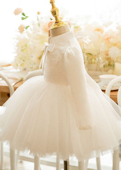 White Stand Collar Bow Tulle Kids Long Dresses Puff Sleeve Ys010