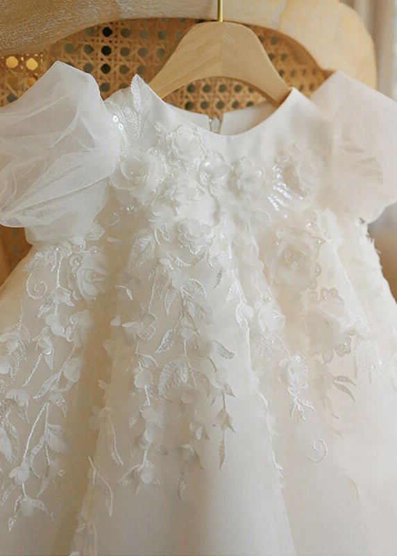 White Stand Collar Tulle Kids Vacation Maxi Dresses Puff Sleeve Ys037