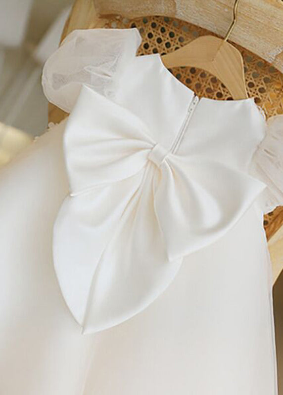 White Stand Collar Tulle Kids Vacation Maxi Dresses Puff Sleeve Ys037