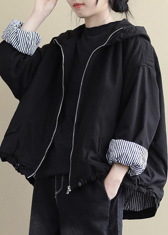 Black Hooded Zippered Winter Cotton Long Sleeve Coat Qs044
