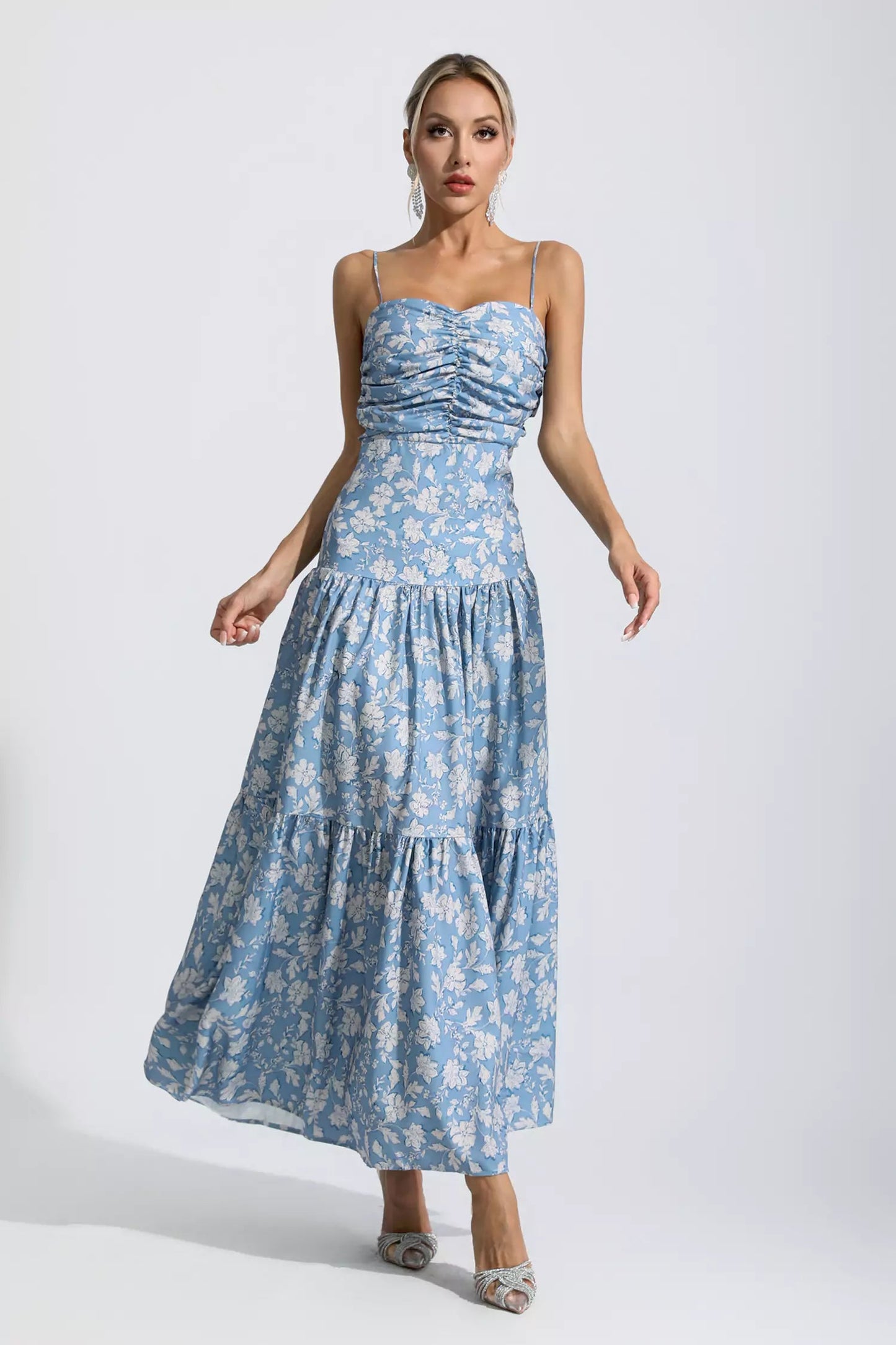 Lyra Blue Ruched Slip Maxi Dress