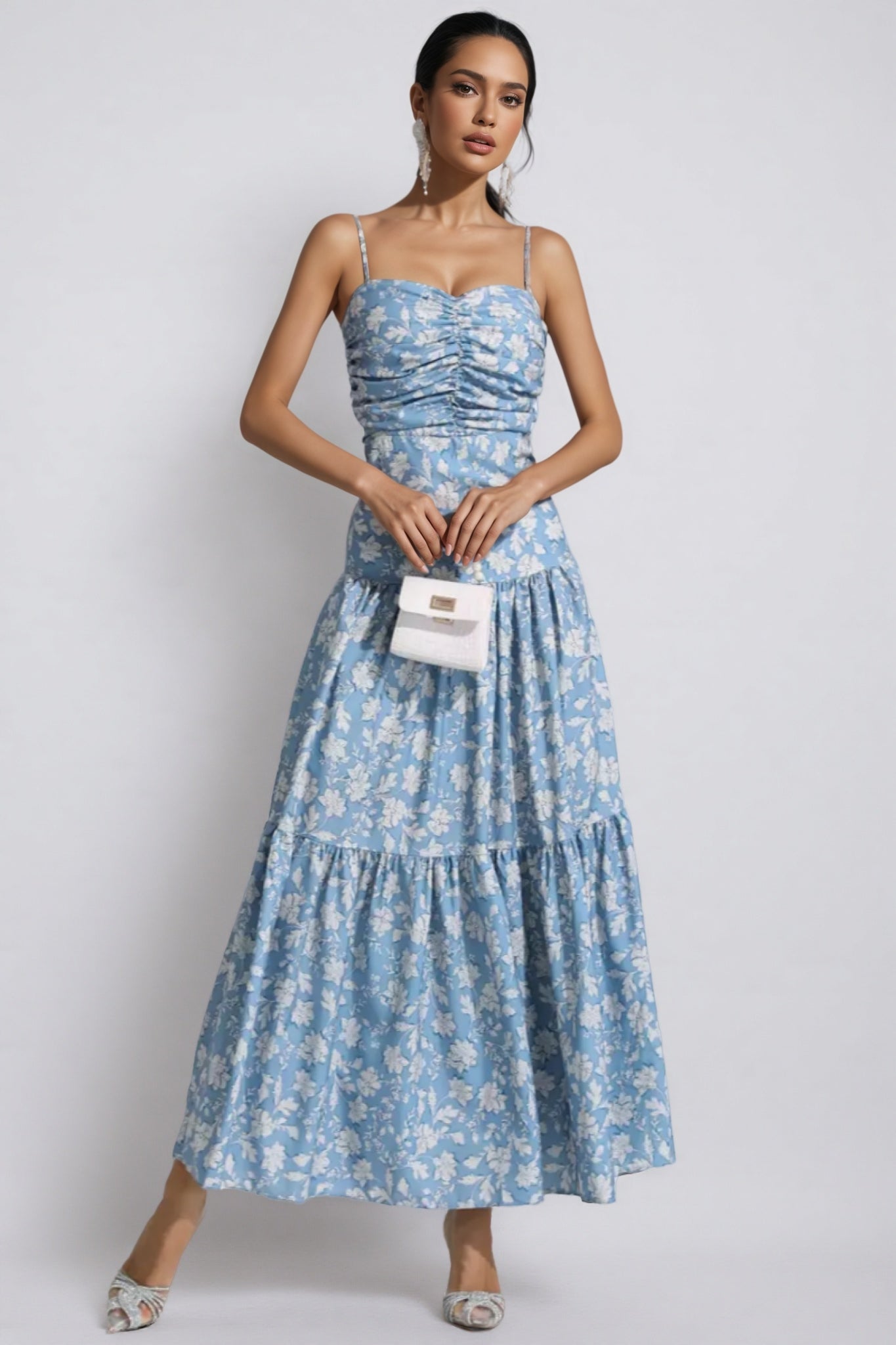 Corek Blue Ruched Slip Maxi Dress