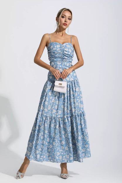 Lyra Blue Ruched Slip Maxi Dress