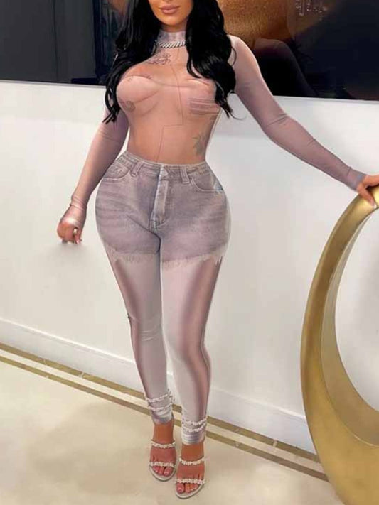 Sxy Imitation Denim See Through Skinny Jumpsuit Bo2153