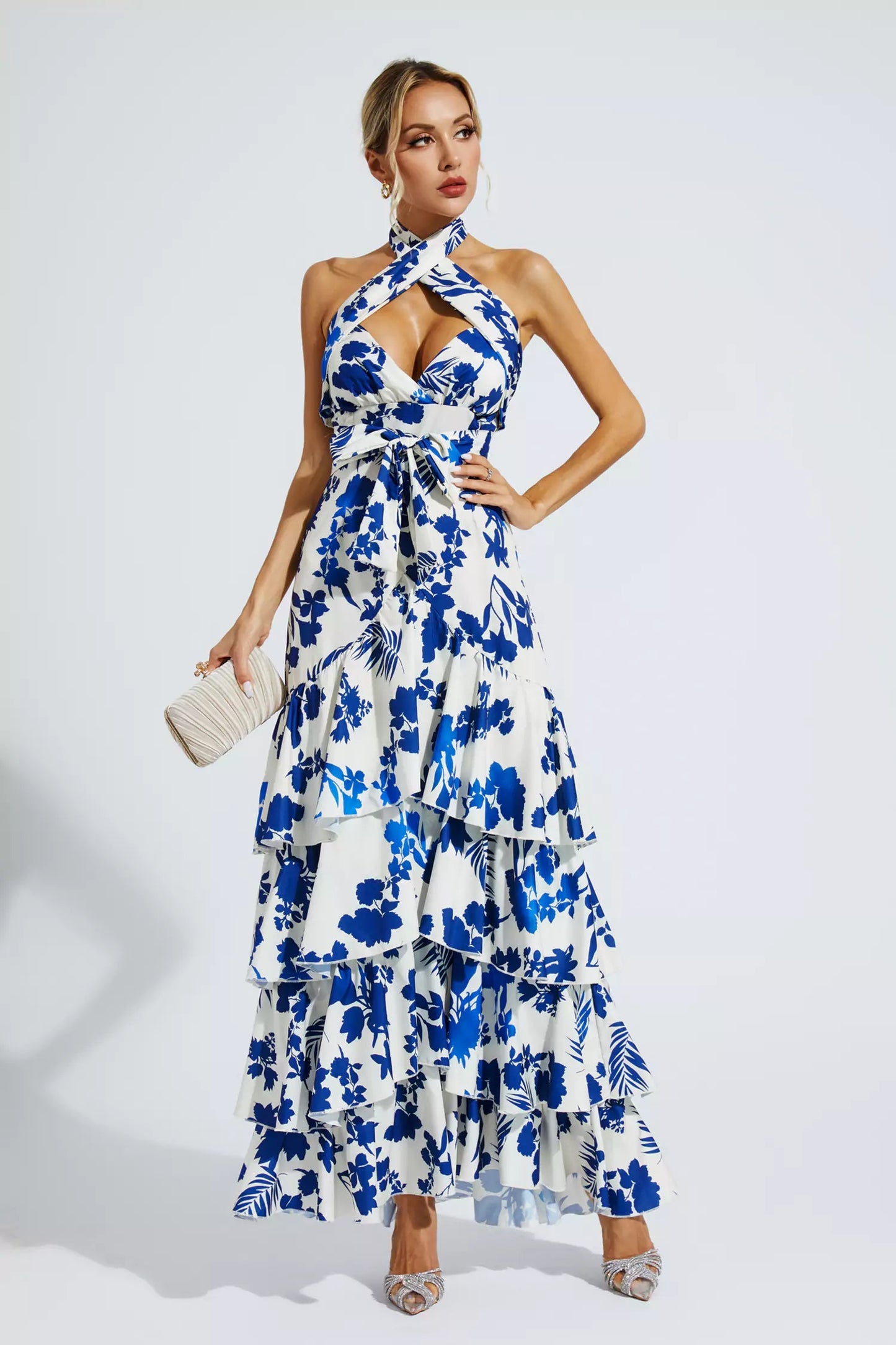 Mae Lace-up Maxi Dress-blue