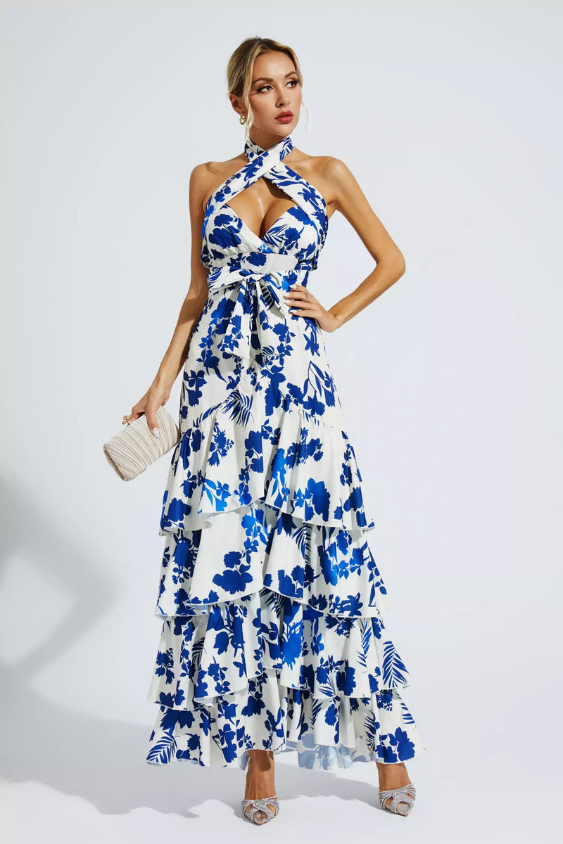 Mae Lace-up Maxi Dress-blue
