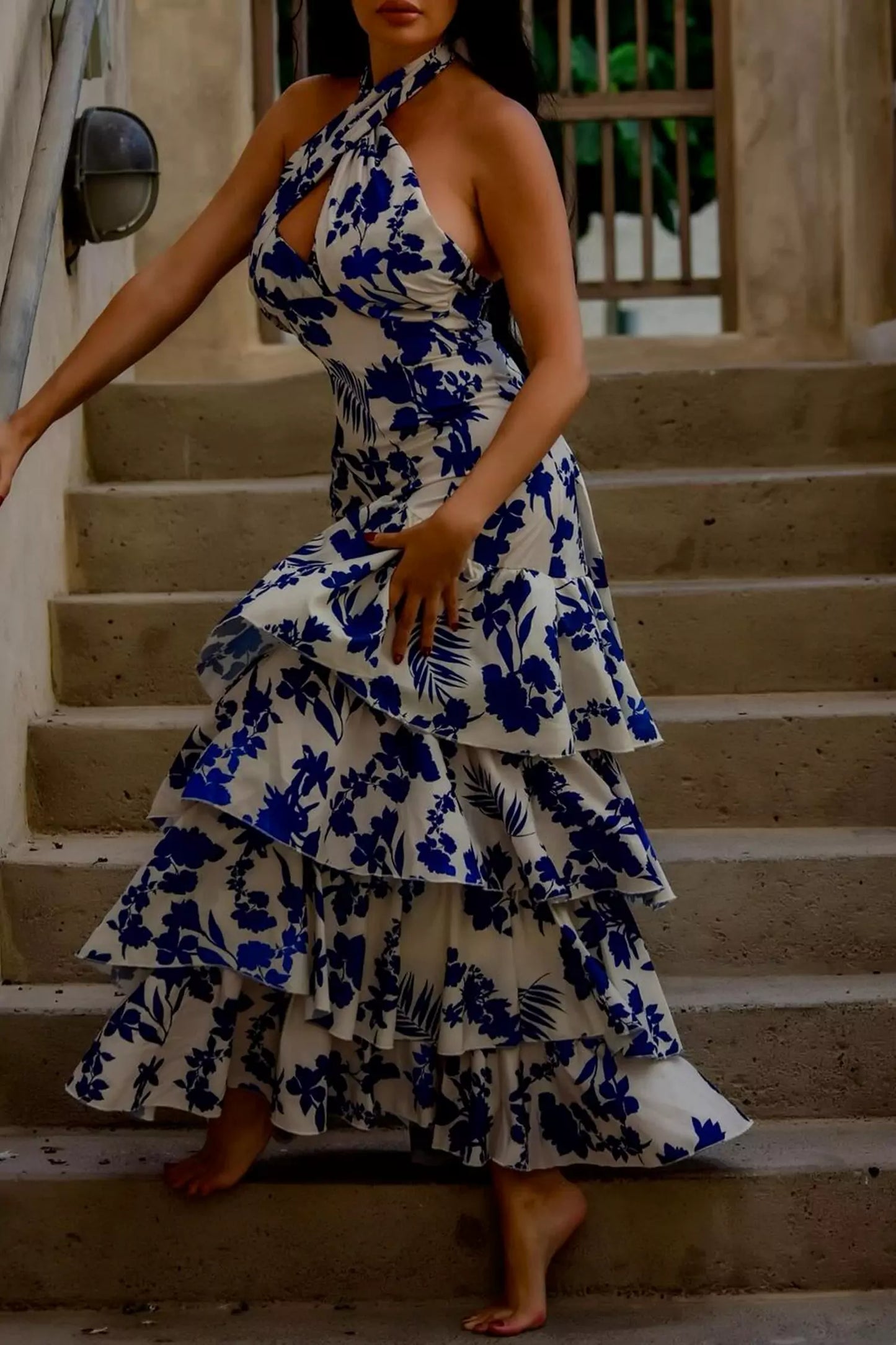 Mae Lace-up Maxi Dress-blue