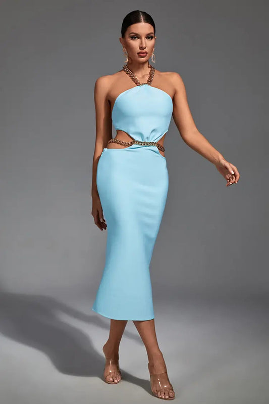 Margaret Blue Cutout Halterneck Midi Dress