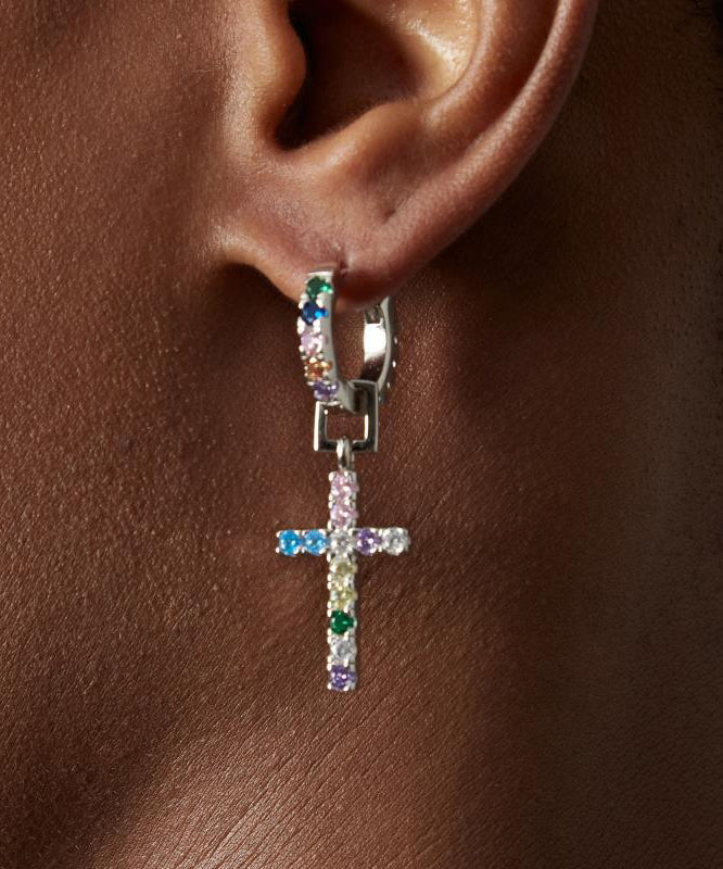 Rainbow Sterling Silver Zircon Cross Hoop Earrings