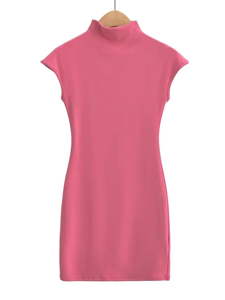 Mini Dresses for Summer Knitted Dress Clothes Black Dresses Short Sleeve Turtleneck Pink Dress Bodycon