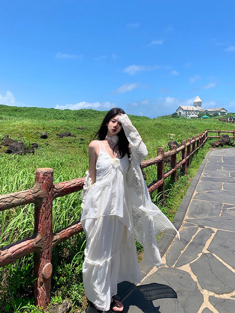 Minimalist White Spaghetti Strap Maxi Dress Island Getaway Look
