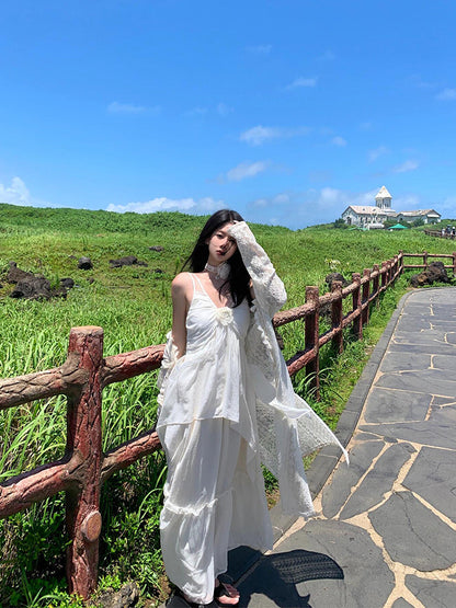 Minimalist White Spaghetti Strap Maxi Dress Island Getaway Look
