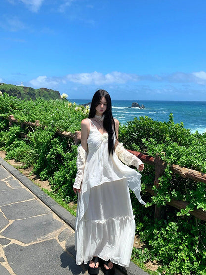 Minimalist White Spaghetti Strap Maxi Dress Island Getaway Look