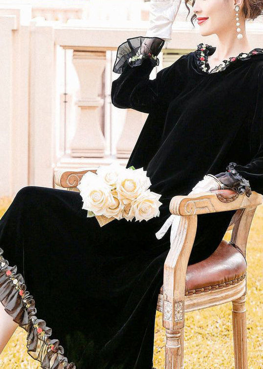 Modern Black Hooded Patchwork Ruffles Silk Velour Long Dress Spring Ly1068