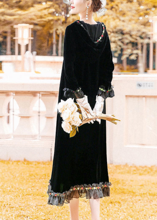 Modern Black Hooded Patchwork Ruffles Silk Velour Long Dress Spring Ly1068