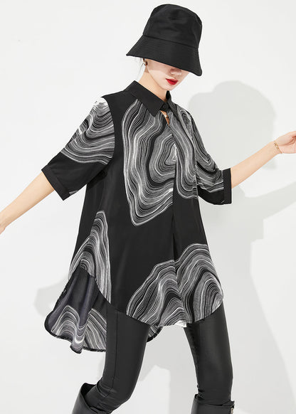Modern Black Print Low High Design Draping Chiffon Blouse Tops Summer Ly0880