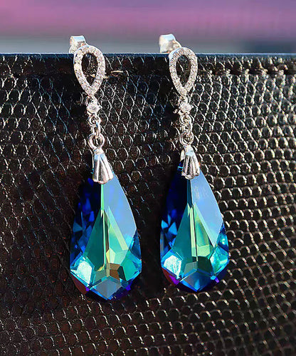 Modern Blue Sterling Silver Crystal Water Droplet Drop Earrings