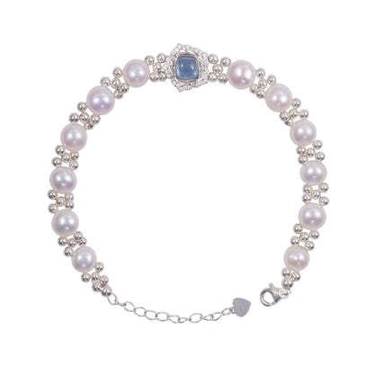 Modern Blue Sterling Silver Overgild Inlaidgem Stone Pearl Chain Bracelet