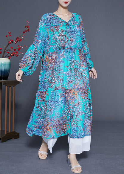 Modern Blue V Neck Patchwork Exra Large Hem Chiffon Long Dresses Spring Lc0430