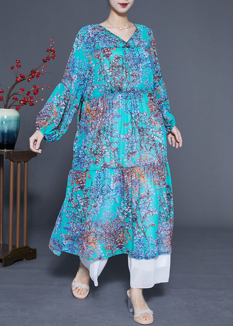 Modern Blue V Neck Patchwork Exra Large Hem Chiffon Long Dresses Spring Lc0430