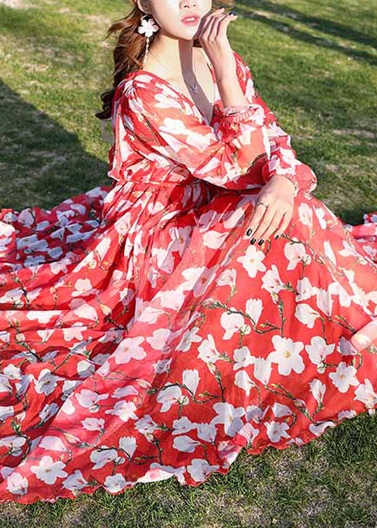 Modern Blue V Neck Print Tie Waist Chiffon Holiday Long Dress Long Sleeve Ly1701