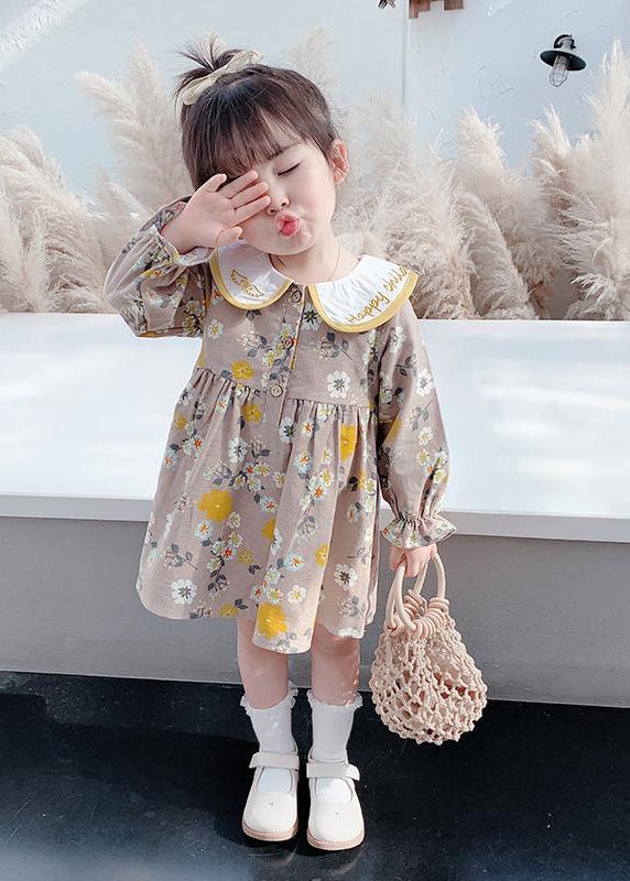 Modern Brown Embroideried Print Vacation Long Dresses Long Sleeve Ss1038