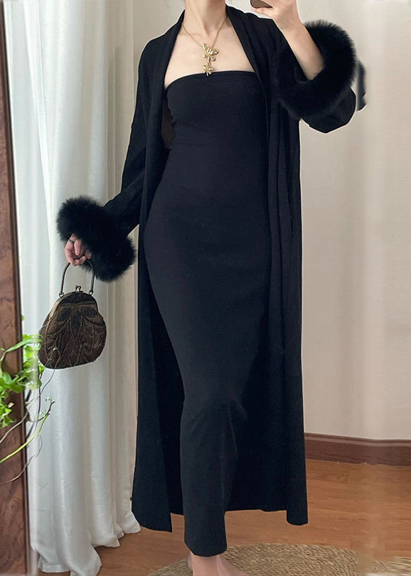 Modern Coffee Knit Cotton Long Cardigans and Long Dress Two Pieces Set Winter Rp021