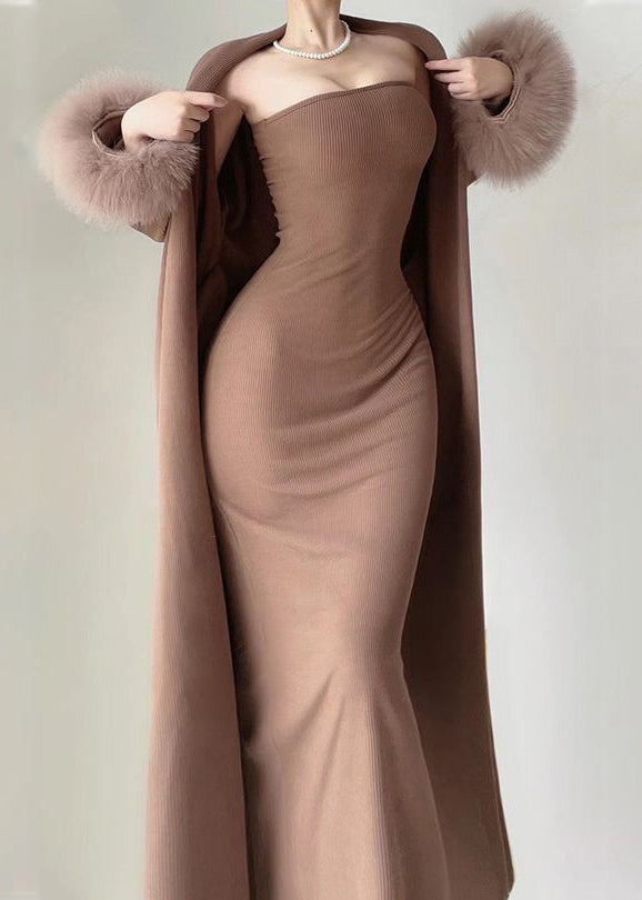 Modern Coffee Knit Cotton Long Cardigans and Long Dress Two Pieces Set Winter Rp021