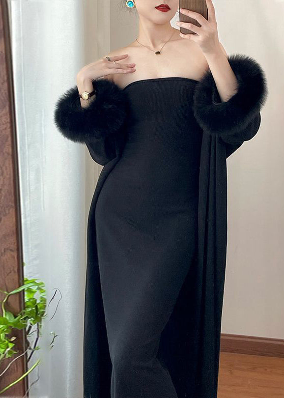 Modern Coffee Knit Cotton Long Cardigans and Long Dress Two Pieces Set Winter Rp021