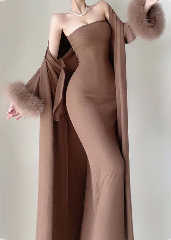 Modern Coffee Knit Cotton Long Cardigans and Long Dress Two Pieces Set Winter Rp021