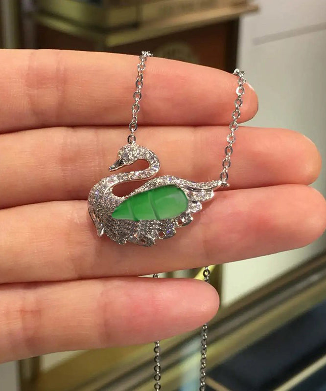 Modern Green Sterling Silver Jade Little Swan Pendant Necklace Ac1043