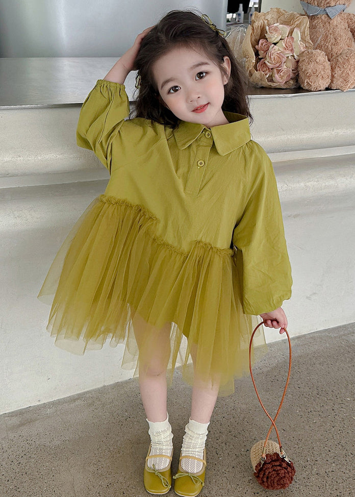 Modern Light Green Peter Pan Collar Tulle Patchwork Long Dress Long Sleeve Ss1060