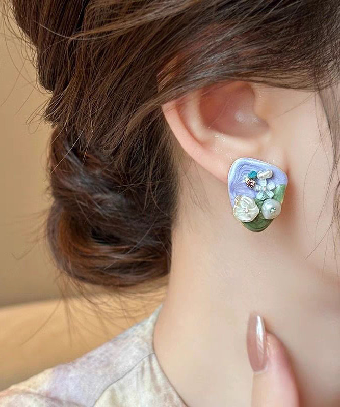 Modern Light Purple Alloy Zircon Rice Beads Stud Earrings
