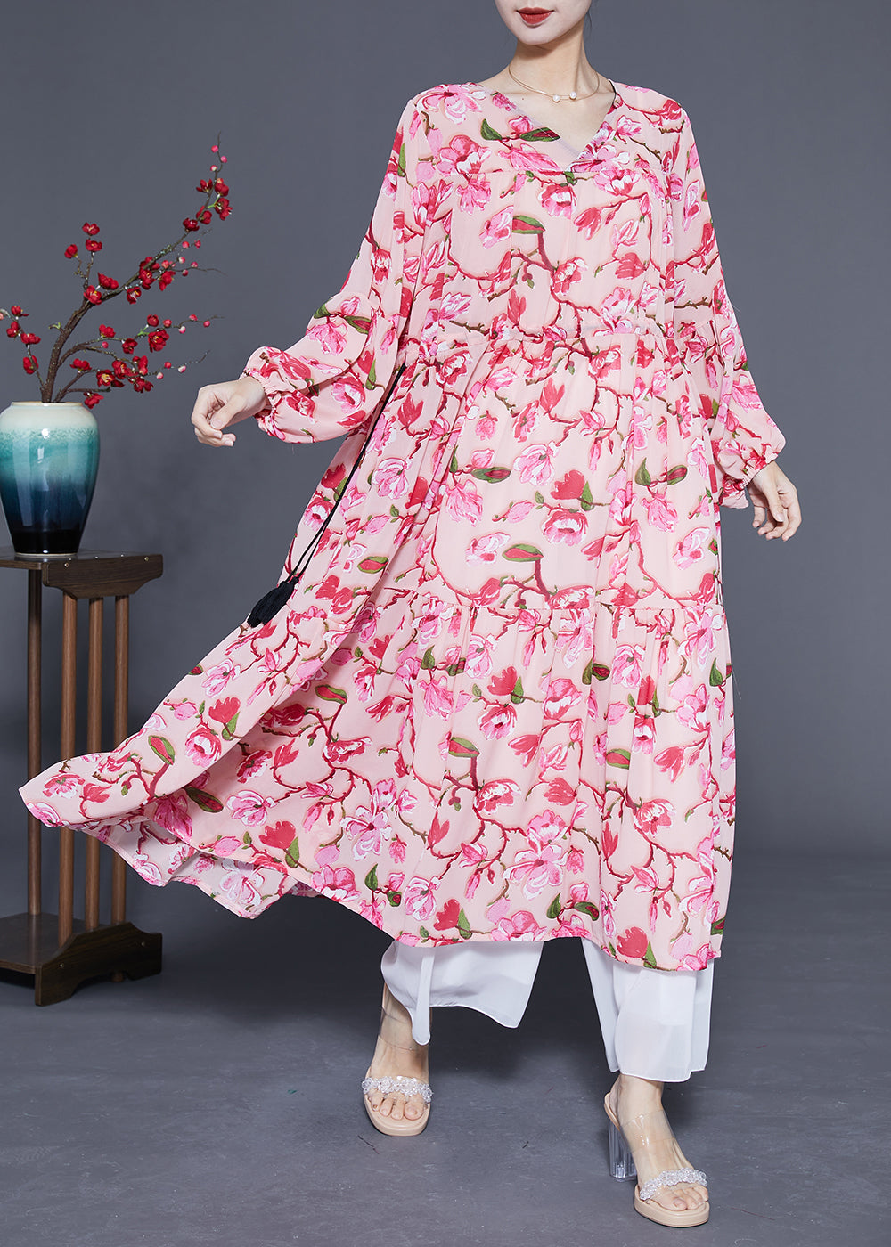 Modern Pink Print Drawstring Exra Large Hem Chiffon Long Dress Spring Lc0426