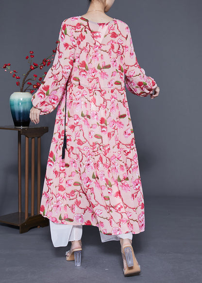 Modern Pink Print Drawstring Exra Large Hem Chiffon Long Dress Spring Lc0426