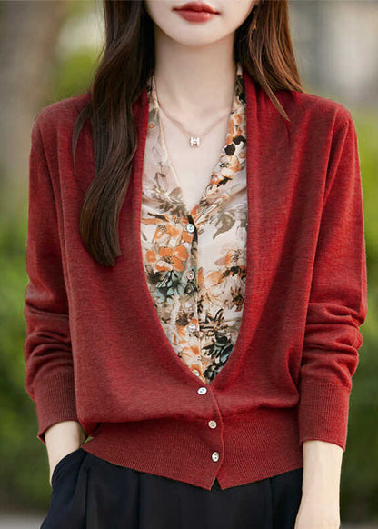 Modern Pink V Neck Print Fake Two Pieces Knit Cardigans Spring Te038